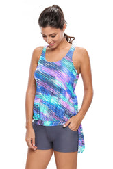Bluish Print Blouson Tankini Swimsuit with Grey Board Shorts